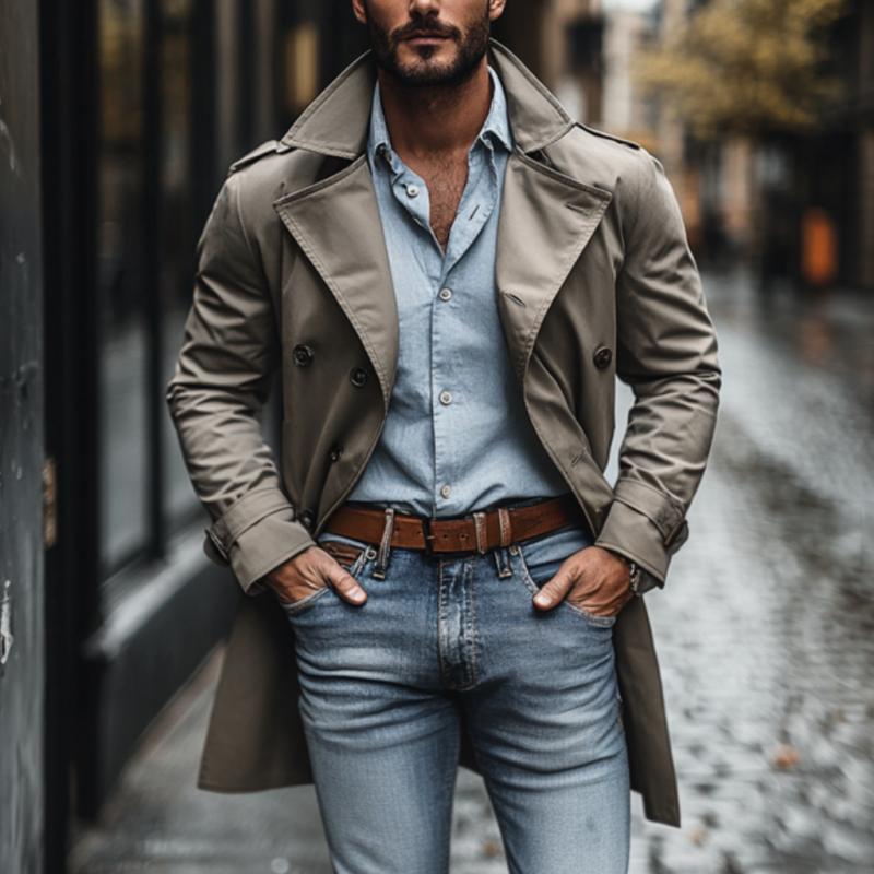 Men's Casual Cotton Lapel Double-breasted Short Trench Coat 9879143448760