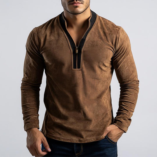 Men's Classic Casual Stitching Leather Stand Collar Suede Long Sleeve POLO Shirt 9886820303032