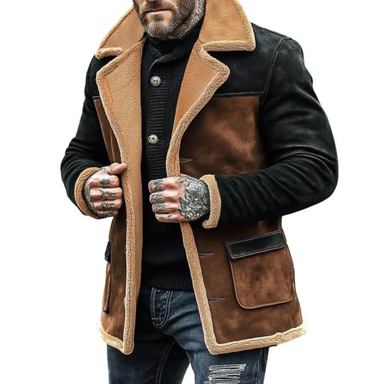 Men's Fleece Colorblock Suede Lapel Suede Single Breasted Multi-pocket Coat 9261105283256