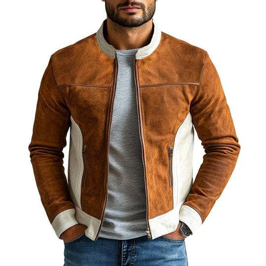 Men's Fashion Suede Colorblock Zipper Stand Collar Jacket 9877643165880