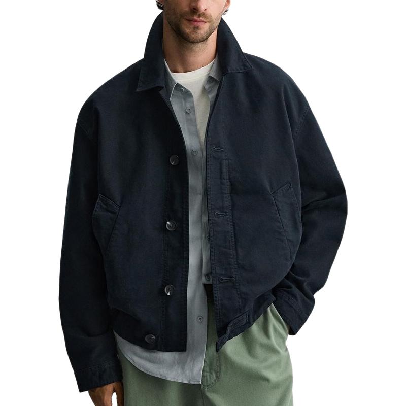 Men's All-match Navy Blue Lapel Canvas Jacket 9886819451064