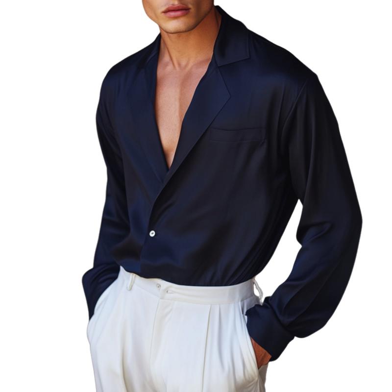 Men's Retro Casual Solid Color Lapel Long Sleeve Shirt 9888006668472