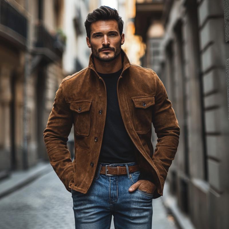 Men's Casual Suede Lapel Single Breasted Slim Fit Jacket 9878729326776