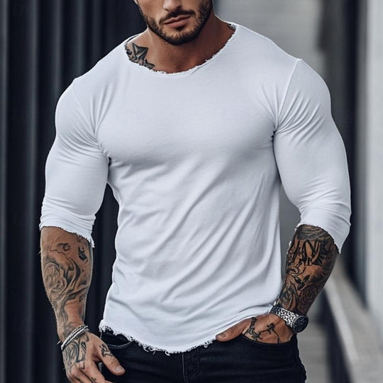 Men's Fashion Raw Edge Round Neck Slim Fit Long Sleeve T-Shirt 9884643590328