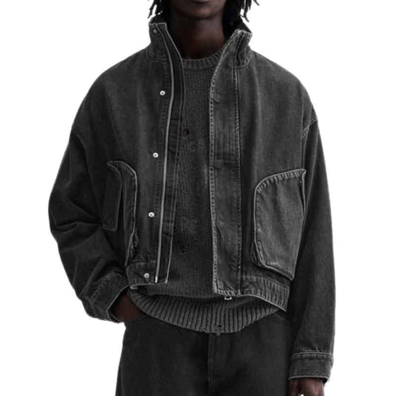 Men's Stylish Stand Collar Black Denim Jacket 9886819319992