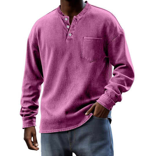 Men's Solid Henley Collar Chest Pocket Long Sleeve T-shirt 9261142442168
