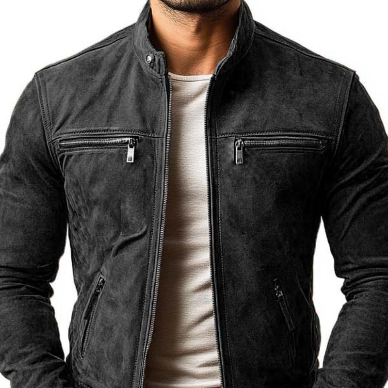 Men's Classic Casual Slim Fit Zipper Multi-Pocket Stand Collar Suede Jacket 9261089063096
