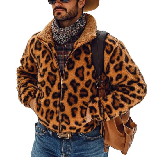 Men's Vintage Leopard Plush Warm Zipper Coat 9261107151032