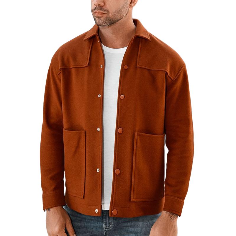Men's Casual Wool Blend Lapel Single Breasted Loose Long Sleeve Shirt 9887360942264