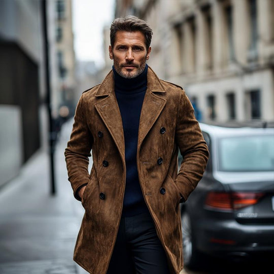 Men's Fashion Suede Notch Lapel Double Breasted Mid-length Coat 9261108986040