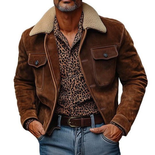 Men's Vintage Suede Fleece Lapel Chest Pocket Single Breasted Jacket 9879659839672