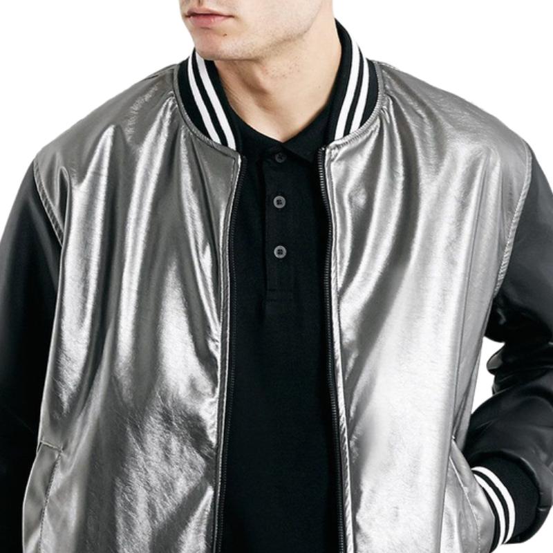 Men's Stylish Silver Leather Patchwork Baseball Jacket 9887361269944