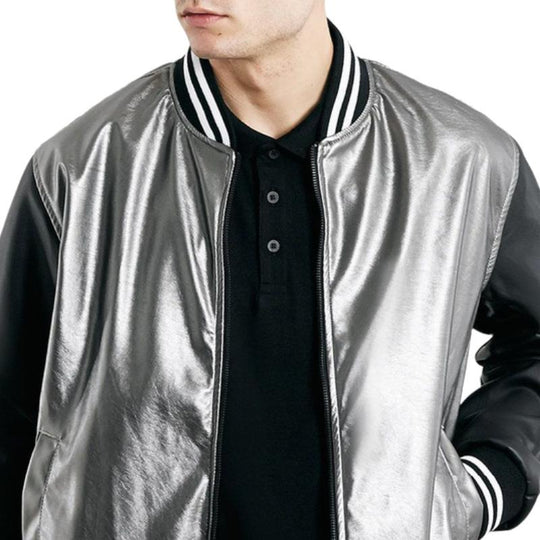 Men's Stylish Silver Leather Patchwork Baseball Jacket 9887361269944