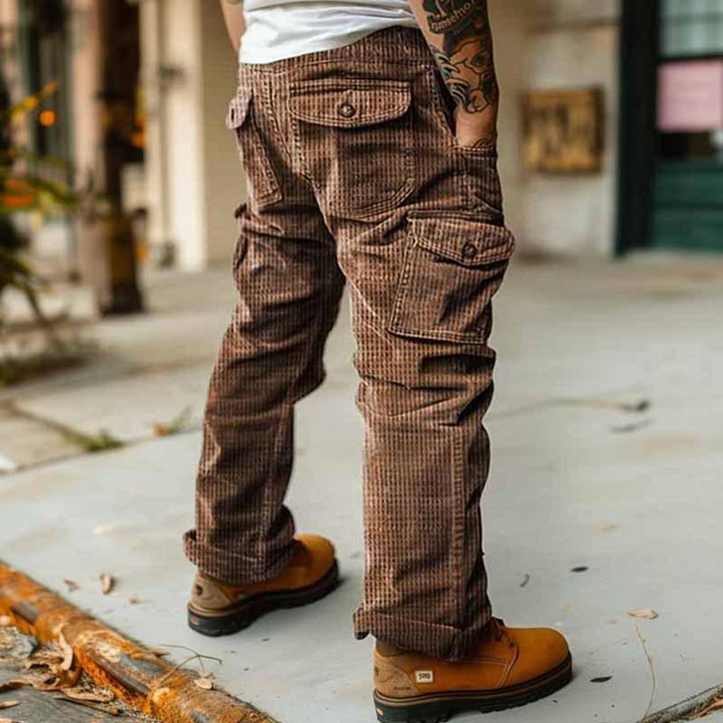 Men's Solid Corduroy Multi-pocket Straight Cargo Pants 9261766901944