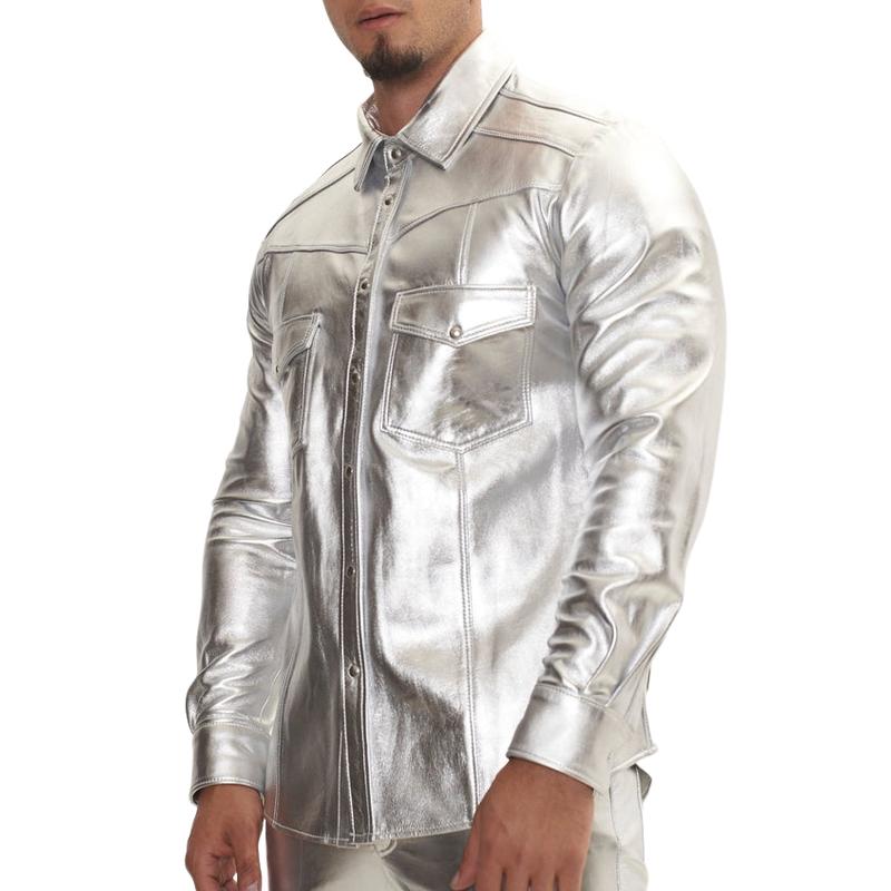 Men's Trendy Lapel Shiny Leather Long-sleeved Shirt 9886816075960