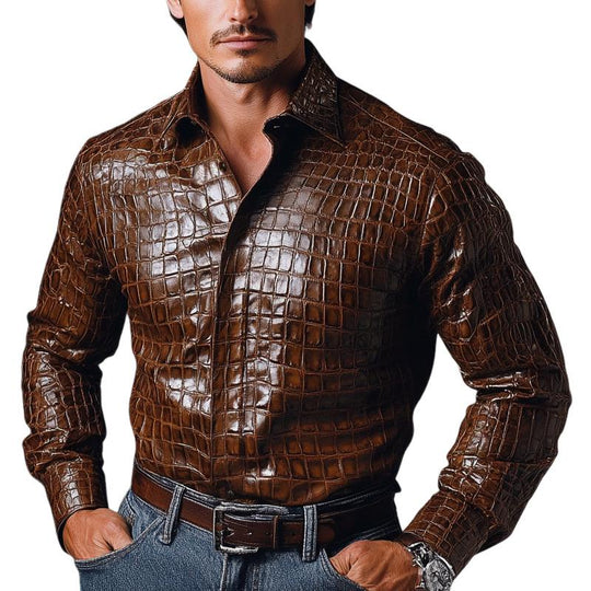 Men's Vintage Casual Lapel Textured Leather Shirt 9886816272568
