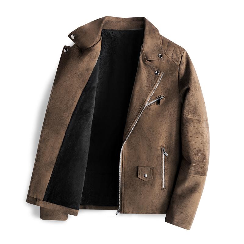 Men's Retro Notch Lapel Fleece Slim Diagonal Zipper Leather Jacket 9261093322936