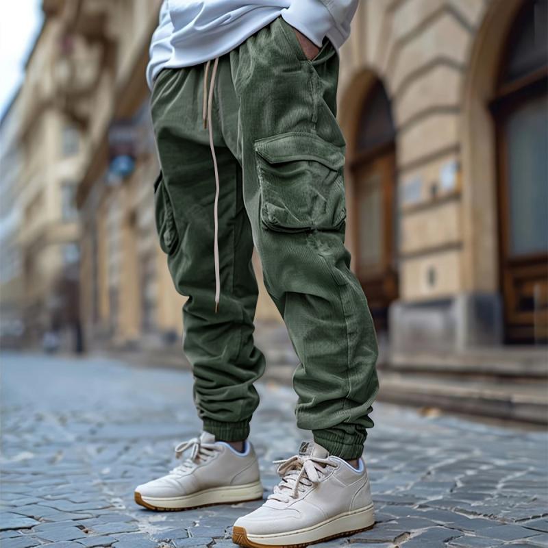 Men's Solid Color Corduroy Loose Elastic Waist Multi-pocket Cargo Pants 9261763723448