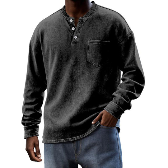 Men's Solid Henley Collar Chest Pocket Long Sleeve T-shirt 9261142442168
