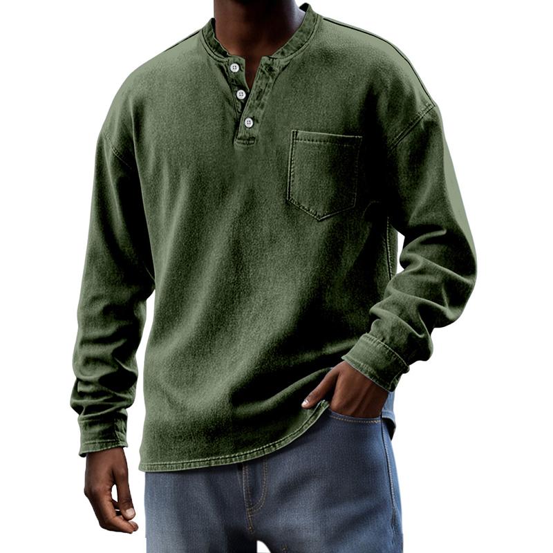Men's Solid Henley Collar Chest Pocket Long Sleeve T-shirt 9261142442168