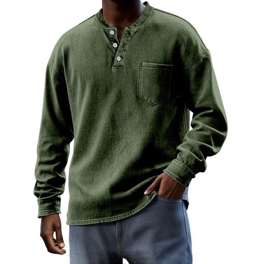 Men's Solid Henley Collar Chest Pocket Long Sleeve T-shirt 9261142442168