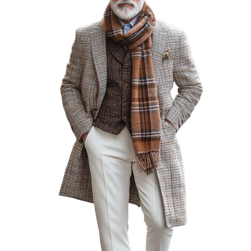 Men's Retro Plaid Printed Woolen Mid-Length Coat 9261110558904