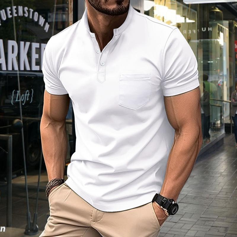 Men's Casual Stand Collar Patch Pocket Slim Fit Short Sleeve T-Shirt 9261136281784