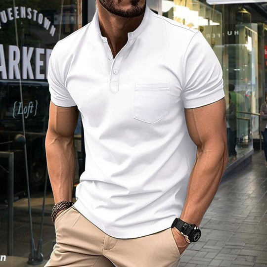 Men's Casual Stand Collar Patch Pocket Slim Fit Short Sleeve T-Shirt 9261136281784