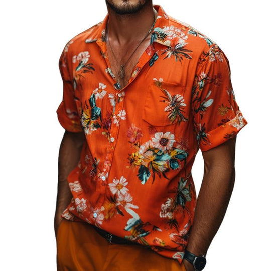 Men's Retro Casual Printed Pocket Lapel Short Sleeve Shirt 9884642246840