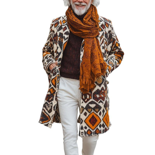Men's Retro Colorful Ethnic Pattern Printed Woolen Mid-Length Coat 9261110526136