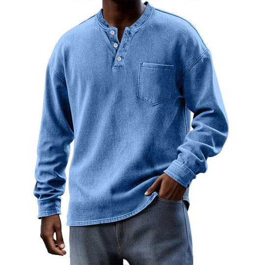 Men's Solid Henley Collar Chest Pocket Long Sleeve T-shirt 9261142442168