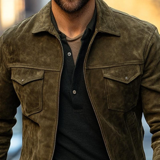Men's Solid Color Suede Lapel Zipper Jacket 9882788692152