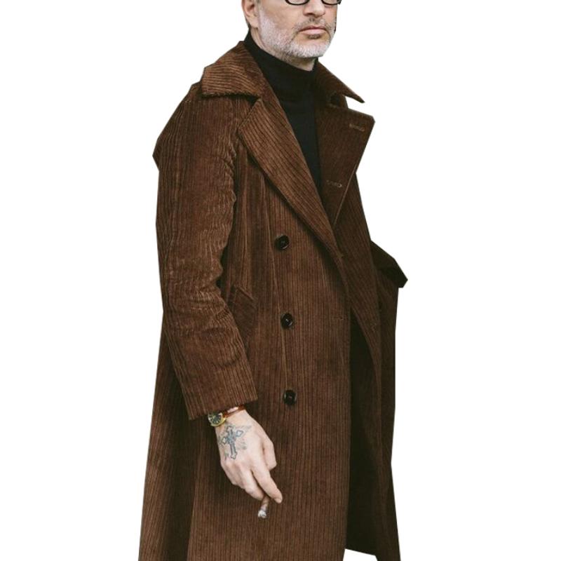 Men's Classic Retro Casual Double-breasted Knee-length Corduroy Coat 9261109084344