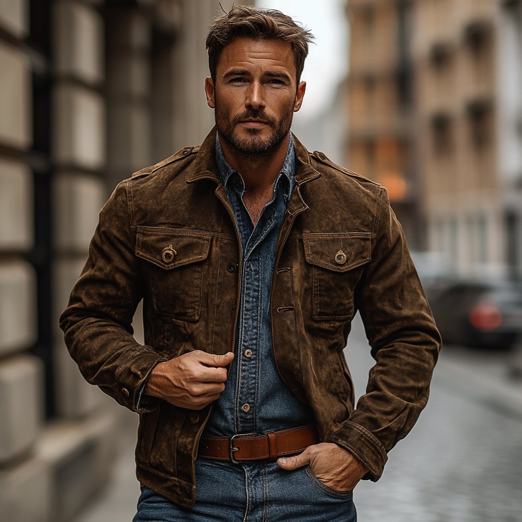 Men's Vintage Suede Lapel Single Breasted Slim Fit Multi-Pocket Jacket 9879142596792