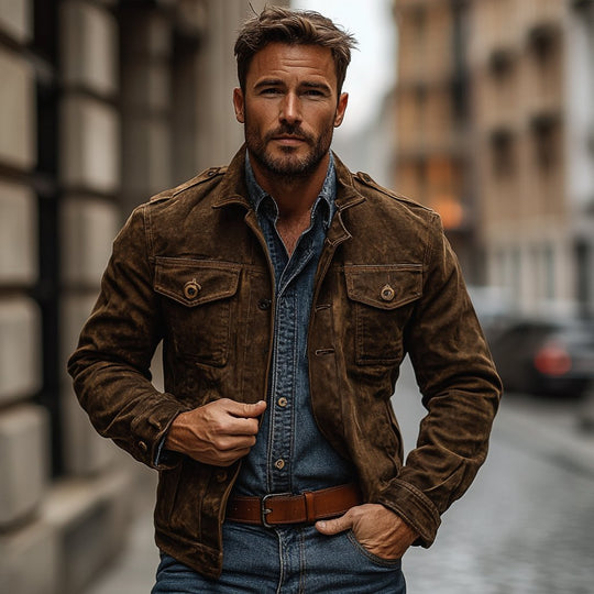 Men's Vintage Suede Lapel Single Breasted Slim Fit Multi-Pocket Jacket 9879142596792