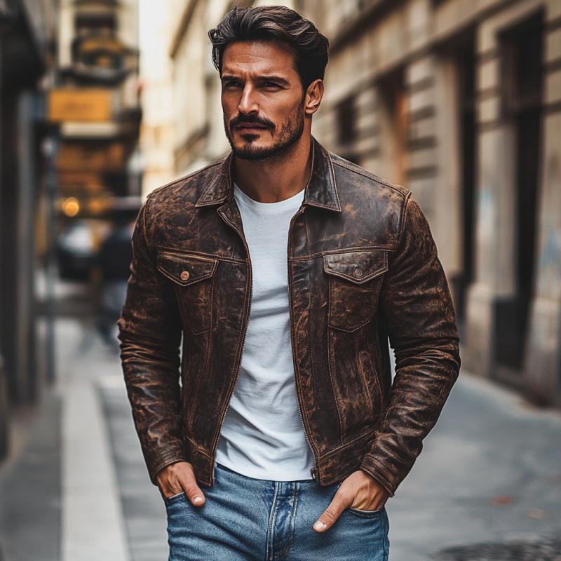 Men's Vintage Distressed Lapel Single Breasted Slim Fit Leather Jacket 9272243552440