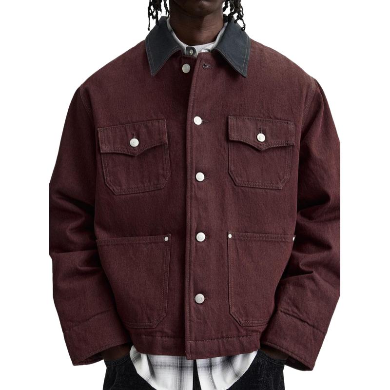 Men's Stylish Burgundy Lapel Canvas Jacket 9886819385528