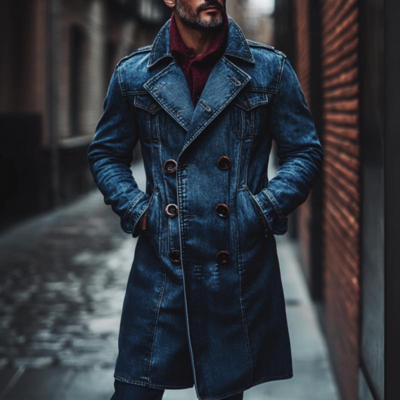 Men's Vintage Washed Distressed Notch Lapel Double-breasted Knee-length Denim Coat 9261110067384