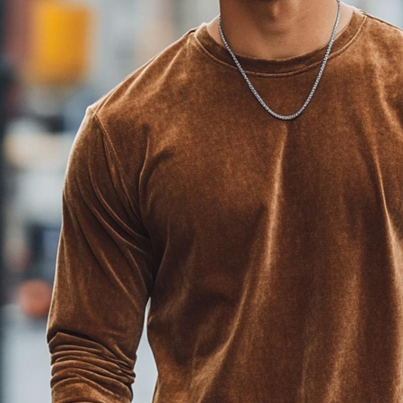 Men's Retro Casual Velvet V-neck Long Sleeve T-shirt 9884642312376