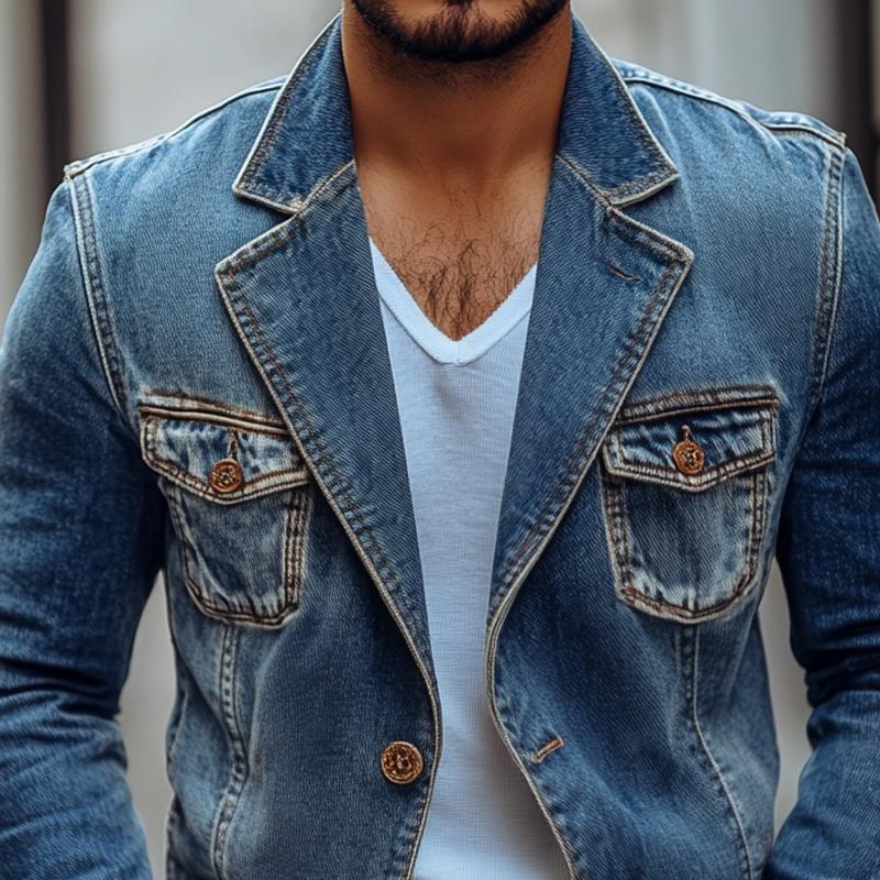 Men's Fashion Washed Notch Lapel Two Buttons Denim Jacket 9885838835896