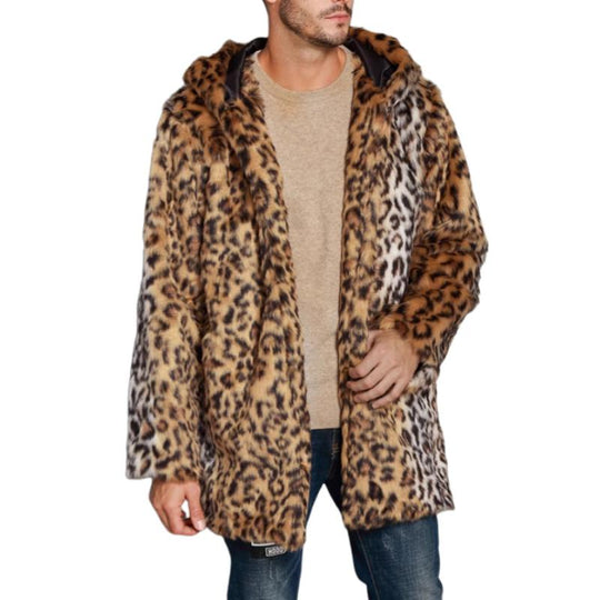 Men's Classic Casual Leopard Print Hooded Plush Faux Fur Coat 9261110231224