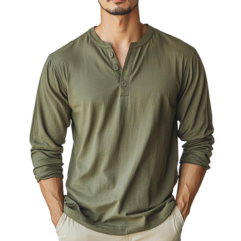Men's Vintage Casual Solid Color Henley Neck Long Sleeve T-Shirt 9886819942584
