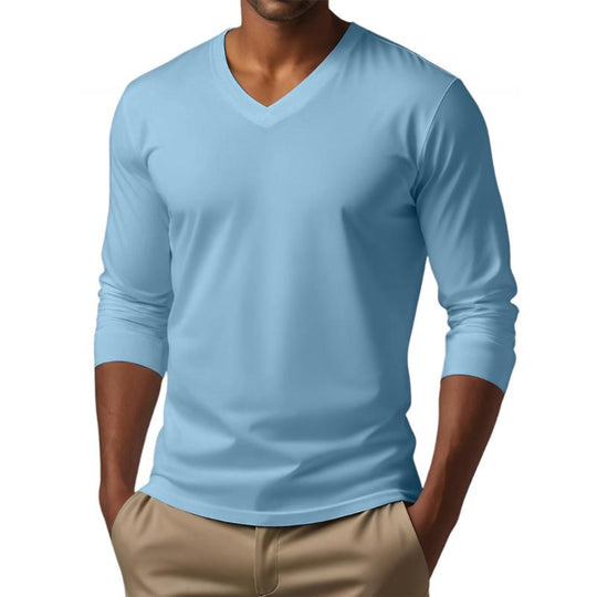 Men's Casual V-neck Cotton Blended Slim Fit Long Sleeve T-shirt 9261117997240