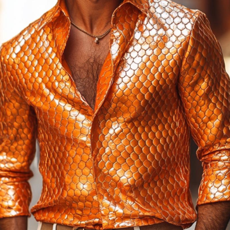 Men's Fashion Lapel Fish Scale Textured Leather Long Sleeve Shirt 9888004276408