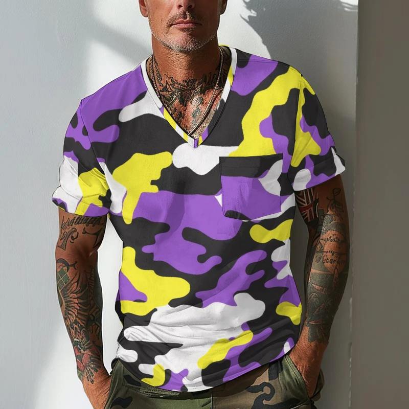 Men's Camouflage V Neck Breast Pocket Short Sleeve T-shirt 9261140508856