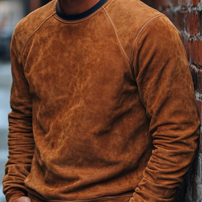 Men's Vintage Crew Neck Suede Sweatshirt 9883357413560