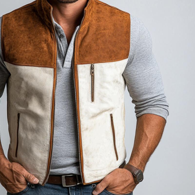 Men's Vintage Suede Colorblock Zipper Stand Collar Vest 9880240423096