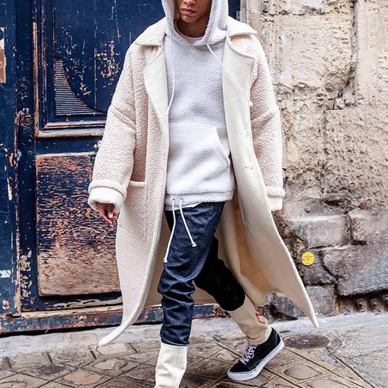 Men's Solid Color Loose Fleece Lapel Single Breasted Mid-length Coat 9261111902392