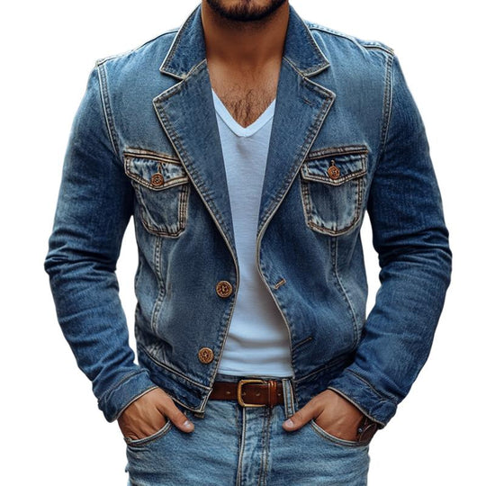 Men's Fashion Washed Notch Lapel Two Buttons Denim Jacket 9885838835896