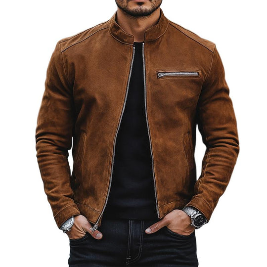 Men's Simple Stand Collar Suede Zip-Up Jacket 9887383978168